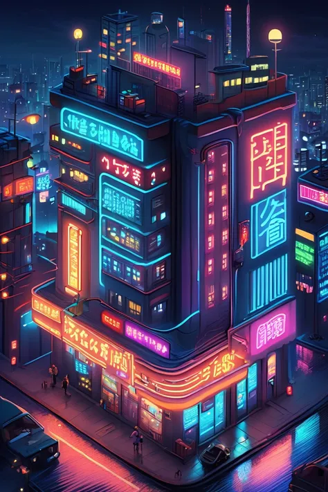 ((masterpiece, highest quality)), high resolution, very detailed,  realistic,  from above,   isometric neon, outdoor,  night, 地上...