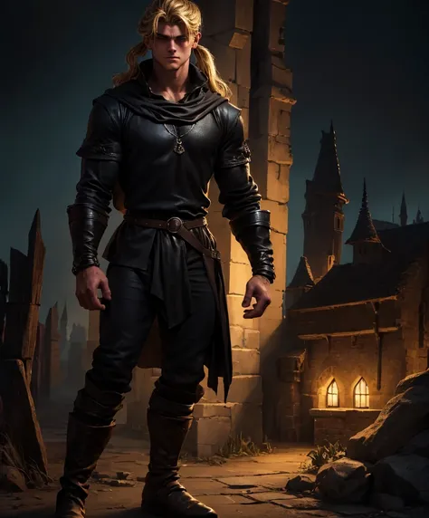 Solo focus.  1boy.  Single character image.  Generate a muscle stud fantasy character.  Generate a muscle hunk fantasy character, dressed all in black.  (((Medieval-style tropical town at night.))) (((Luxurious blond hair in a topknot.)))  (((Looks like Ad...