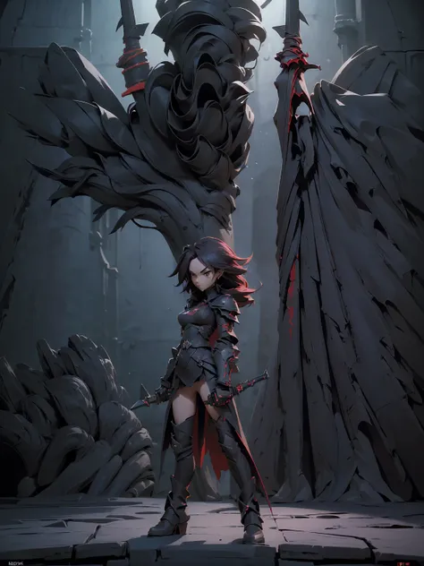 Design a layout showcase Gaming character, (1girl). Red+Black clothes, dark and gothic, ((showcase weapon:1.4)), scythe, (masterpiece:1.2), (best quality), 4k, ultra-detailed, (Step by step design, layout art:1.5), (shadowy lighting, eerie atmosphere), rea...