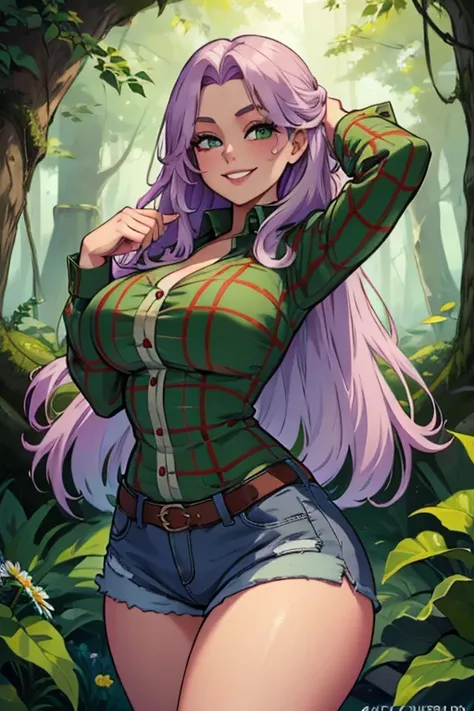 perfect face. perfect hands. a light purple haired woman with green eyes and an hourglass figure and long hair wearing a gothic ...