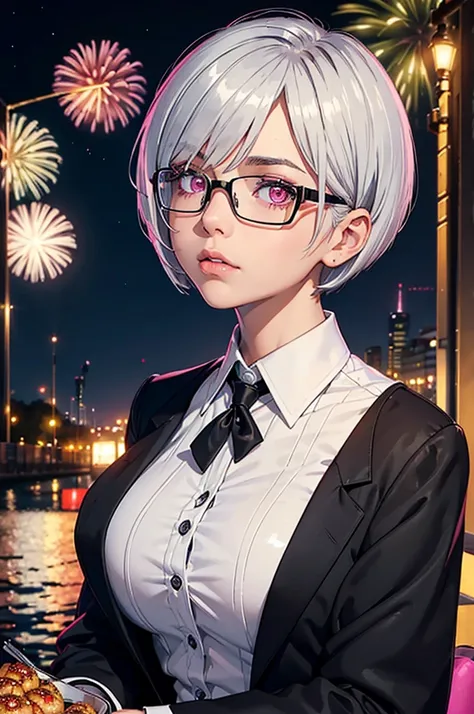 masterpiece, (((8k))), ((best quality)), ((ultra detailed)), 1girl, ((collared white shirt)), ((black business suit)), ((beautiful silver hair (glossy) (short bob cut) (straight))), ((beautiful pink eyes)), black rimmed glasses, upper body shot, (hair over...