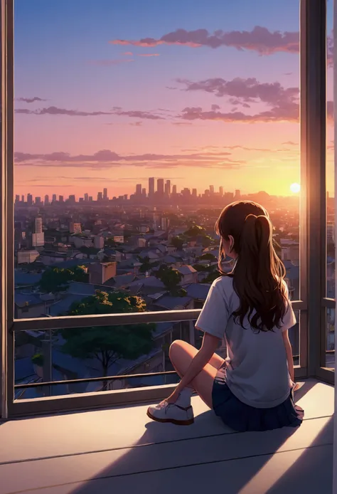 anime girl sitting on floor looking out window at city, anime aesthetic, anime vibes, Lofi Artstyle, Lo-fi portrait by the window, Watching the sunset. anime, Lofty Girl, anime art wallpaper 4 k, anime art wallpaper 4k, anime art wallpaper 8 k, anime backg...