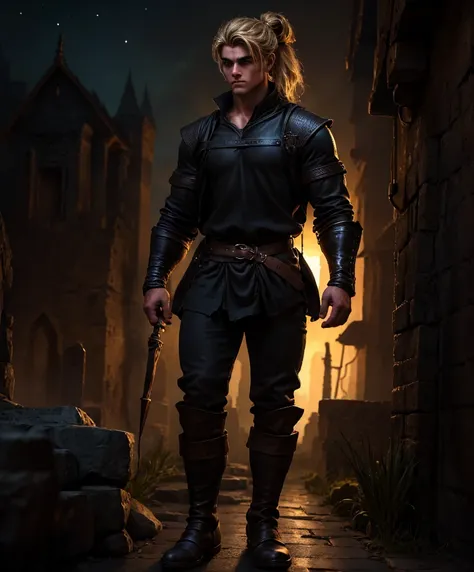 (((Solo focus.  1boy.  Single character image.)))  Generate a muscle stud fantasy character.  Generate a muscle hunk fantasy character, dressed all in black.  (((Medieval-style tropical town at night.))) (((Luxurious blond hair in a topknot.)))  (((Looks l...