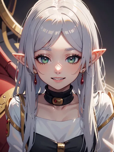 ((best quality)), ((masterpiece)), (detailed), perfect face. Asian girl. Silver hair. Green eyes. Elf ears. Smile.