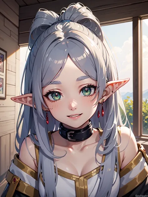 ((best quality)), ((masterpiece)), (detailed), perfect face. Asian girl. Silver hair. Green eyes. Elf ears. Smile.