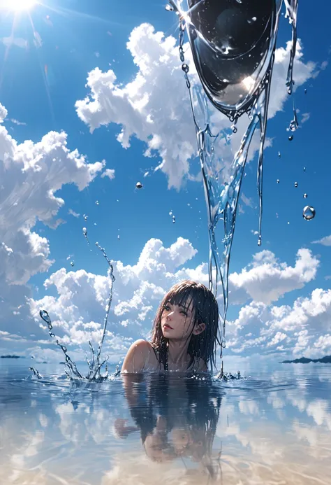 water, wet, waterしぶき, liquid, sunny, day, blue sky, cloud, nature, nature環境, (character focus:1.1), sharp focus, realistic, very...