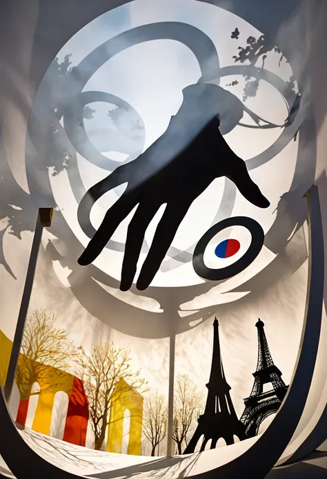 Olympic games images, ring of five, elements of Paris, France, conceptual installation pop art, 2.5D, delicate and dynamic, fusion of watercolors and oil paintings, fusion of paper cutting and shadow puppetry, foggy filter effects, contrast magic effects