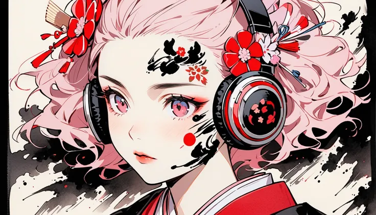 (((Ink Painting))), ((Japanese style headphones)), (((Japanese pattern tattoo on face))), face close up, Gorgeous hair accessories, Japan人の美少女, Fluttering Hair, Japan, Japanese flag, pink