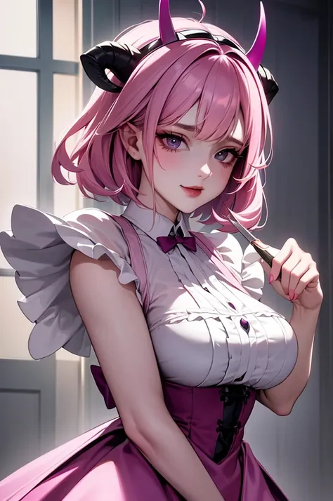 butler outfit, short pink hair, hypdertailed, purples eyes, ashen skin, demon, claws, goat horns, bangss, gothic art, full body ...