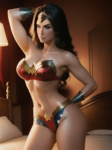 Panas wonder woman, standing alone, naKed, sexy figure, big boobies, Panas , attractive face, attractive and big ass, lying in the bed,  seductive expression to the camera, Panas, romantic ambience, studio light, professional dslr pPanasography, high resol...