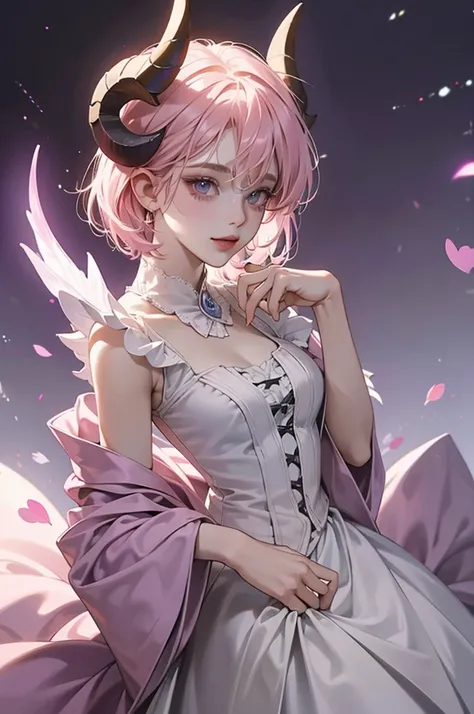 butler outfit, short pink hair, hypdertailed, purples eyes, ashen skin, demon, claws, goat horns, bangss, gothic art, full body shot shot, elegant pose, ssmile, Romanticism, work of art, anatomically correcte, high qualiy, super detaill, best qualityer, 4K...