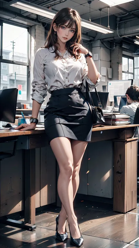 Career woman-style Japanese woman、Stylish office casual。White blouse with navy skirt、Pumps with heels、Wear a watch、Modern office in the background