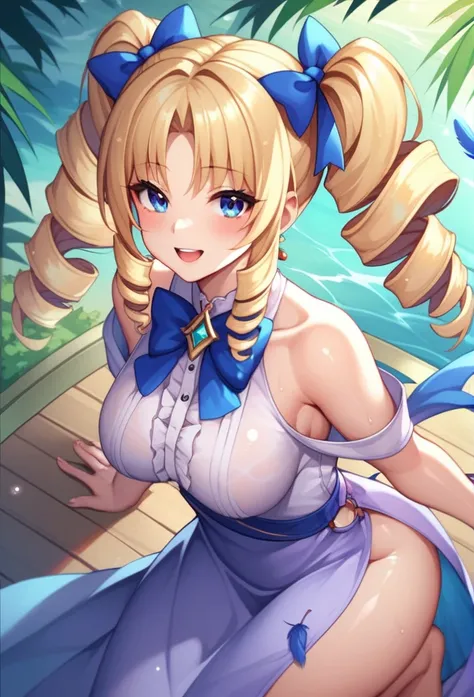 Ravel is a beautiful young girl with dark blue eyes. She has long blonde hair tied into twintails with large, drill-like curls and blue ribbons keeping them in place. The front of her hair has several bangs hanging over her forehead, with a V-shaped fringe...