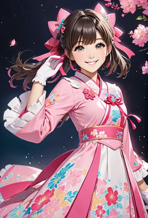 hoshinoai,pink gloves, solo, smile, hair, ornament, dress, bangs, zhiyu,  CURE