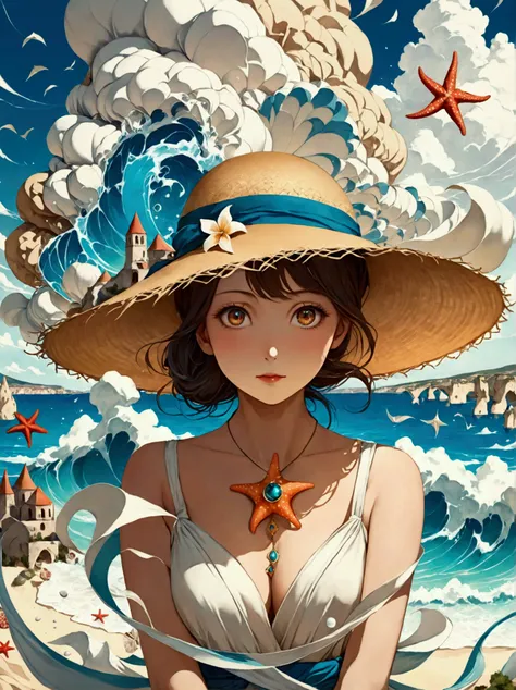 Illustration of a girl wearing a straw hat，Stunned，(The girl is depicted as large:1.4)，Japanese style，Waves splashing on the beach，starfish，White shells，Emerald blue sea background，Cumulonimbus fragments，best quality，Ultra-high resolution，Golden Ratio，Maxi...