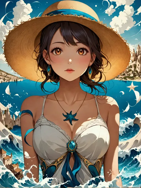 Illustration of a girl wearing a straw hat，Stunned，(The girl is depicted as large:1.4)，Japanese style，Waves splashing on the beach，starfish，White shells，Emerald blue sea background，Cumulonimbus fragments，best quality，Ultra-high resolution，Golden Ratio，Maxi...