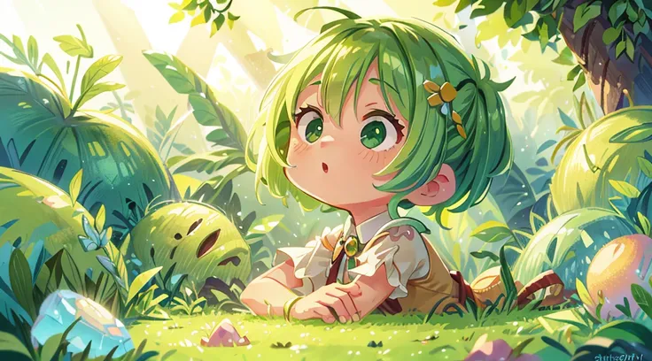 1littlegirl，Light Green hair, short pigtail hair,  In the light green gems world，Glass Power,  The sun shone in intermittently，（tmasterpiece），Extremely detailed picture details，ultra HD picture quality，（8k wallpaper），（CG），(Gemstone style), Inspired by:《Ste...