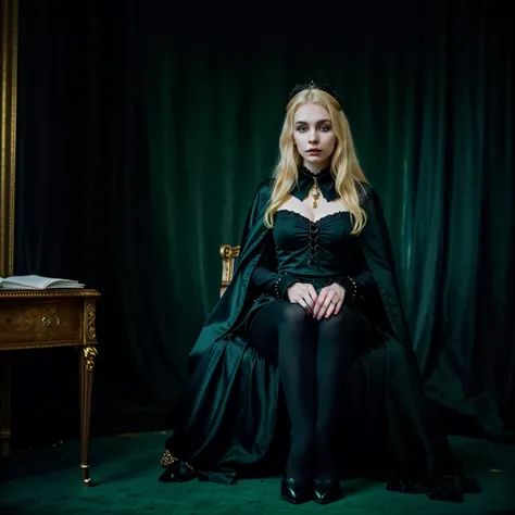 Portrait of young girl with a golden crown, blonde platinum hair, pale skin, green eyes, gothic victorian dress, black makeup, black cape, golden jewels, gothic visual, sitting at a presidential table with maps, documents and papers, in the background a lu...