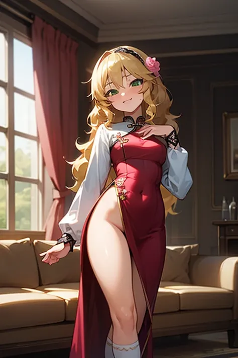 masterpiece,Highest quality, Very detailed,One girl(Sakurai Momoka,Slender and sexy body, Nice big , Wavy Hair, Long Hair, Blonde,  head band, Pink flowers in the hair,Green Eyes), Bright Face,  A light smile, Lips parted, nose blush, blush, In-person audi...