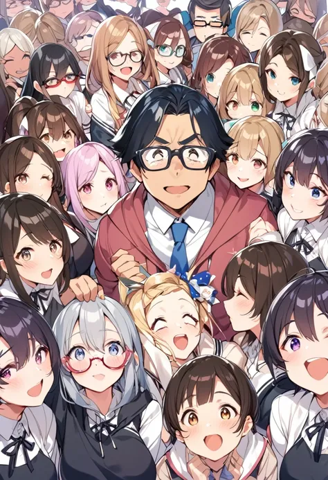 A man in his 40s and a quiet high school girl and a cheerful high school girl、Gal 、Surrounded by nerdy high school girls