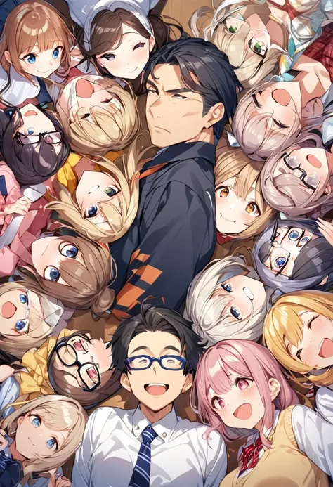 A man in his 40s and a quiet high school girl and a cheerful high school girl、Gal 、Surrounded by nerdy high school girls