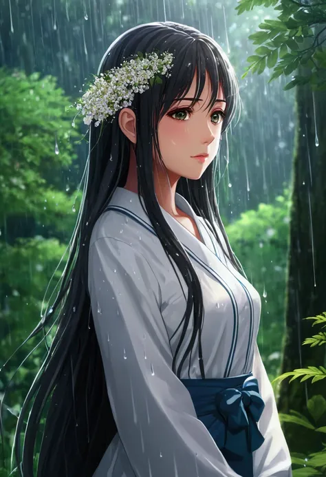 Anime girl with long hair and flowers, Beautiful anime artwork, Anime Style 4K, anime art wallpaper 4k,Wet day，Windows，forest，Raindrops