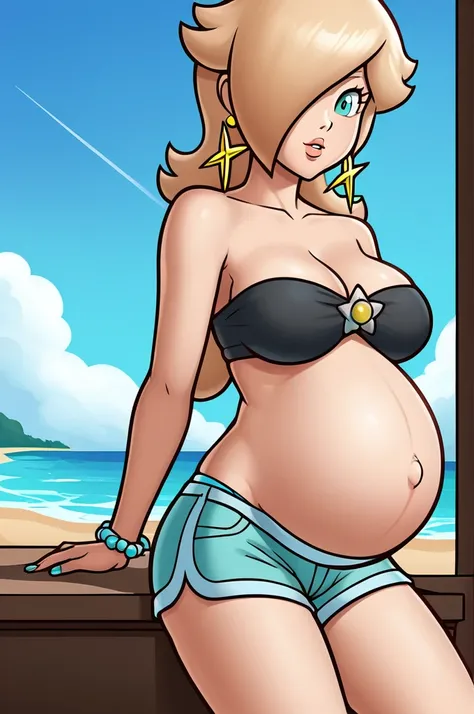 score_9, score_8_up, 1girl, solo, rosalina, style parody, thick outlines, black bikini, shorts, pregnant belly, sleeveless, strapless, cleavage, indoors, beach, 