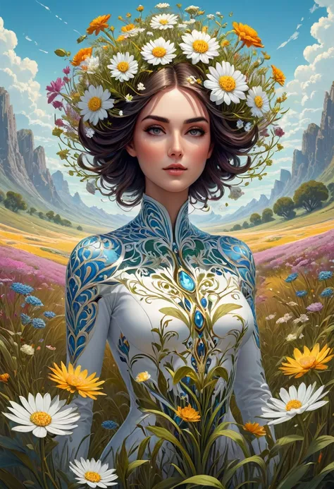 Meadows morphing with optical illusions, captivating the observer, Greg Rutkowski style, trending on ArtStation, shifting appearances challenging visual perception, sharp focus, studio photo setting, intricately detailed flora and surreal environment, high...