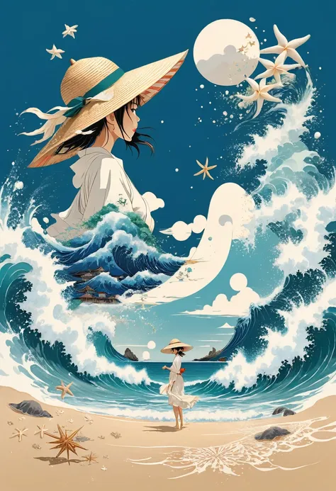 Illustration of a girl wearing a straw hat，Stunned，(The girl is depicted as large:1.4)，Japanese style，Waves splashing on the beach，starfish，White shells，Emerald blue sea background，Cumulonimbus fragments，best quality，Ultra-high resolution，Golden Ratio，Maxi...