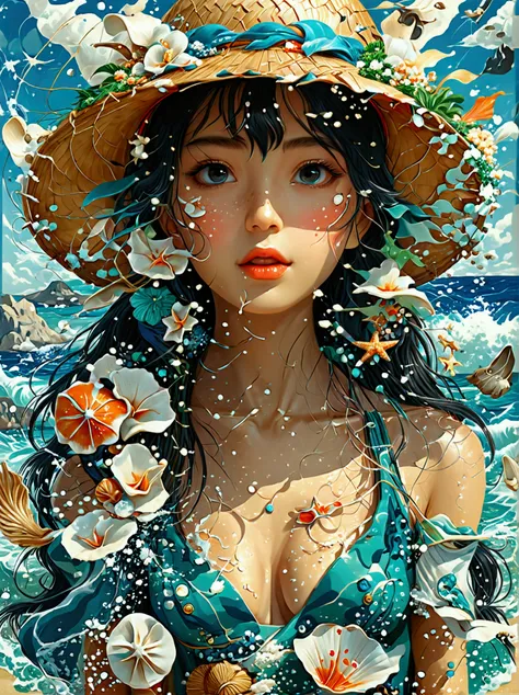 Illustration of a girl wearing a straw hat，Stunned，(The girl is depicted as large:1.4)，Japanese style，Waves splashing on the beach，starfish，White shells，Emerald blue sea background，Cumulonimbus fragments，best quality，Ultra-high resolution，Golden Ratio，Maxi...