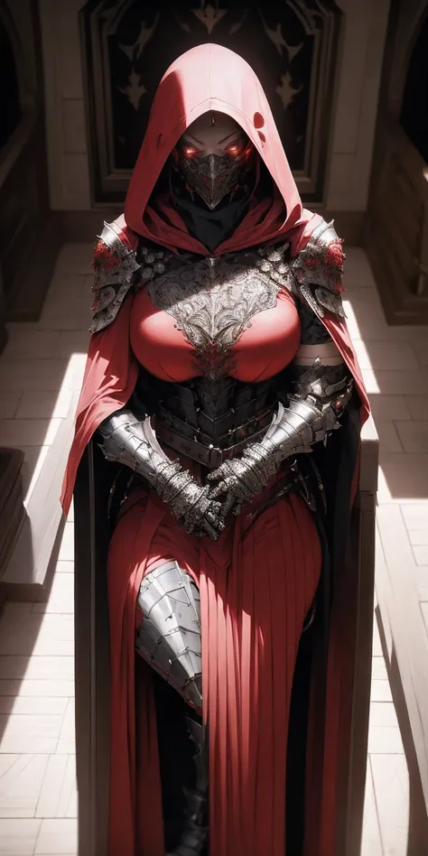 (masterpiece, Best Quality, absurd, 4k, Aesthetic, detailed, Intricate, perfect lighting) cinematic angle, 1solitaria, Sitting on the throne, elbow rest, castle interior, face mask, hood, layer, belt, armor, Cloak, red gloves gauntlets, corona