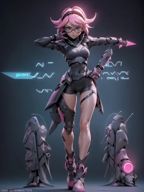 Design a layout showcase Gaming character, (1girl). Pink+Black clothes, futuristic and stylish, ((showcase weapon:1.4)), energy rifle, (masterpiece:1.2), (best quality), 4k, ultra-detailed, (Step by step design, layout art:1.5), (neon lighting, vibrant lig...