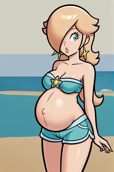 score_9, score_8_up, 1girl, solo, rosalina, style parody, thick outlines, blue bikini, shorts, pregnant belly, sleeveless, strapless, cleavage, indoors, beach, 