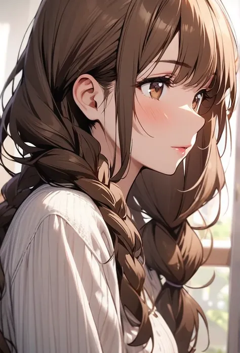 Solo, 1girl, Long Hair,  double plait hair, brown hair, brown eyes, cute, mature, high detail, side view