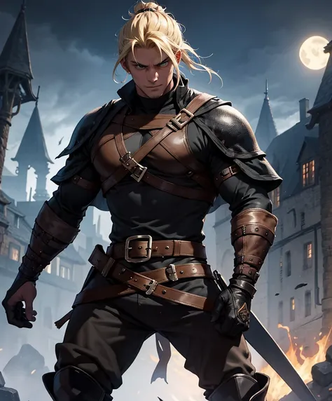 (((Solo focus.  1boy.  Single character image.)))  Generate a muscle stud fantasy character.  Generate a muscle hunk fantasy character, dressed all in black.  (((Medieval-style tropical town at night.))) (((Luxurious blond hair in a topknot.)))  (((Looks l...