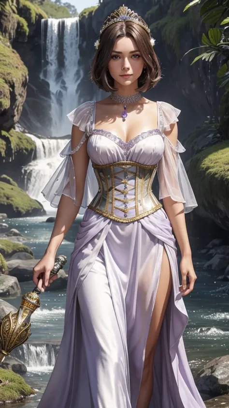 In the foreground a Caucasian woman with a light tan, purple eyes, brown hair in a chest-length bob, with a slight smile walking and looking ahead with a soft expression. A silver diadem on the head, a white dress with gold trim and a silver corset at the ...