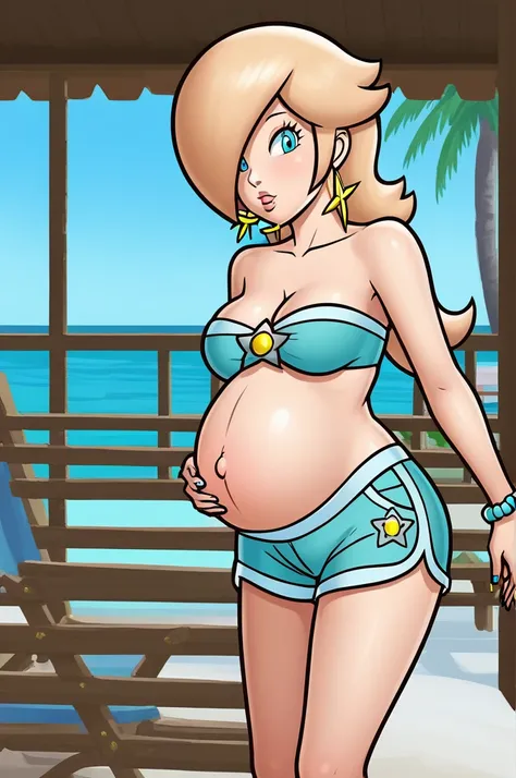 score_9, score_8_up, 1girl, solo, rosalina, style parody, thick outlines, blue bikini, shorts, pregnant belly, sleeveless, strapless, cleavage, indoors, beach, 