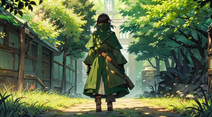 yuichiro hyakuya girl, (WithoutFear:1), 1 girl, black hair, green eyes, brown coat, gray armor, elves, sylvan, green shield, green cloak, dark brown gloves, forest, white fur trim, anime, standing, good quality, portrait, looking at viewer