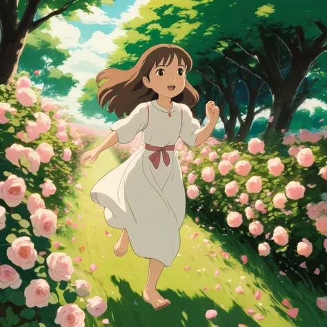 Girl of Asian ethnicity, bright light brown eyes, pastel brown hair, wearing a long white dress with a flower design, running through a field of rose bushes, style Ghibli