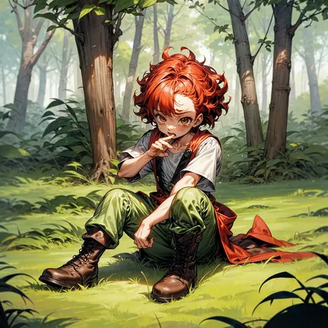 Background in the forest, Grassroots, one piece style art, Full body version, baby kid boy, hazel eyes, red colour hair, short Curly hairstyle, Farmer clothing, boots, crying gesture when bitten by a zombie, blood on background 