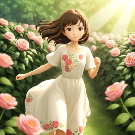 Girl of Asian ethnicity, bright light brown eyes, pastel brown hair, wearing a long white dress with a flower design, running through a field of rose bushes, style Ghibli