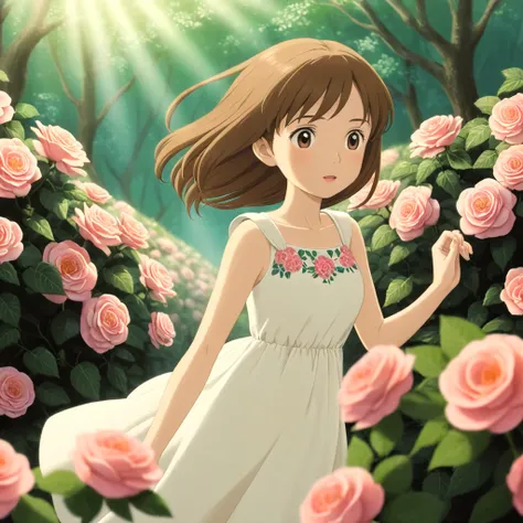 Girl of Asian ethnicity, bright light brown eyes, pastel brown hair, wearing a long white dress with a flower design, running through a field of rose bushes, style Ghibli