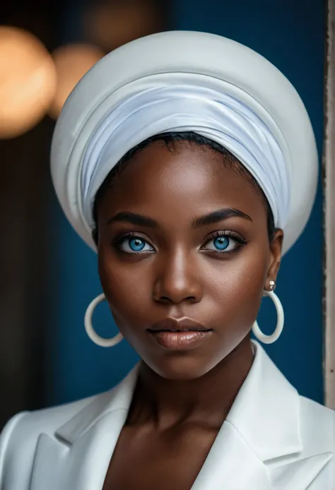 raw photo, a portrait photo of a black woman, one of (very detailed skin:1.2), 8k hd, DSLR, Soft lighting, high quality, film grain, Fujifilm XT3, White suit, ((blue eye))