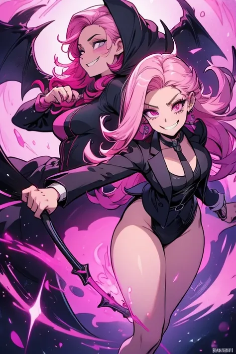 Perfect face. Perfect hands. A pink haired woman with violet eyes and an hourglass figure in a Gothic suit is spinning a scythe in an office with a big smile