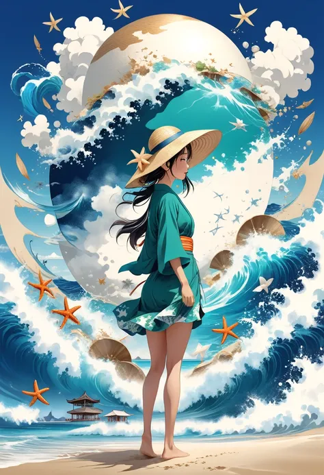 Illustration of a girl wearing a straw hat，Stunned，(The girl is depicted as large:1.4)，Japanese style，Waves splashing on the beach，starfish，White shells，Emerald blue sea background，Cumulonimbus fragments，best quality，Ultra-high resolution，Golden Ratio，Maxi...