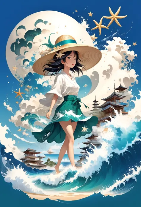 Illustration of a girl wearing a straw hat，Stunned，(The girl is depicted as large:1.4)，Japanese style，Waves splashing on the beach，starfish，White shells，Emerald blue sea background，Cumulonimbus fragments，best quality，Ultra-high resolution，Golden Ratio，Maxi...