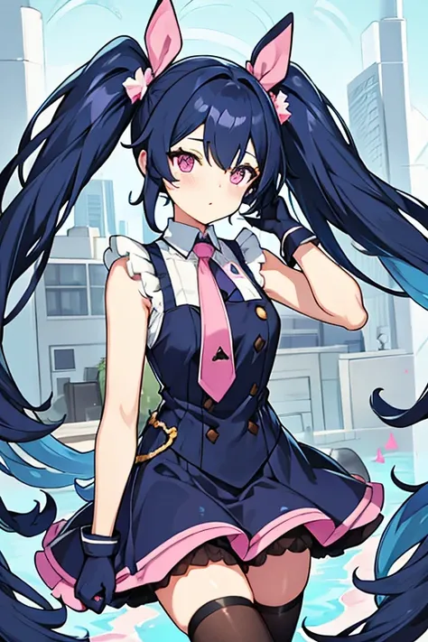 women, hair in two pigtails covering her dark blue face, white sleeveless shirt, pink tie, black gloves, blue skirt, long black stockings 