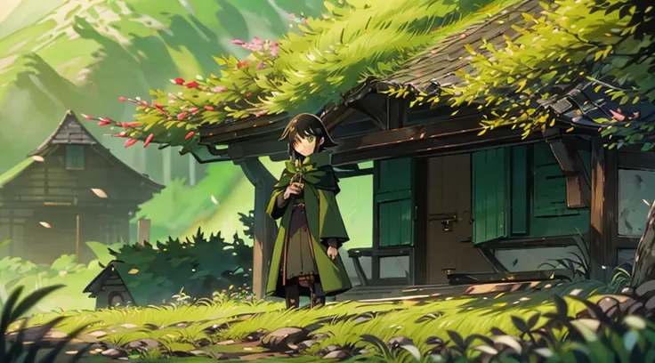 yuichiro hyakuya girl, (WithoutFear:1), 1 girl, black hair, green eyes, brown coat, gray armor, elves, sylvan, green shield, green cloak, dark brown gloves, forest, white fur trim, anime, standing, good quality, portrait, looking at viewer