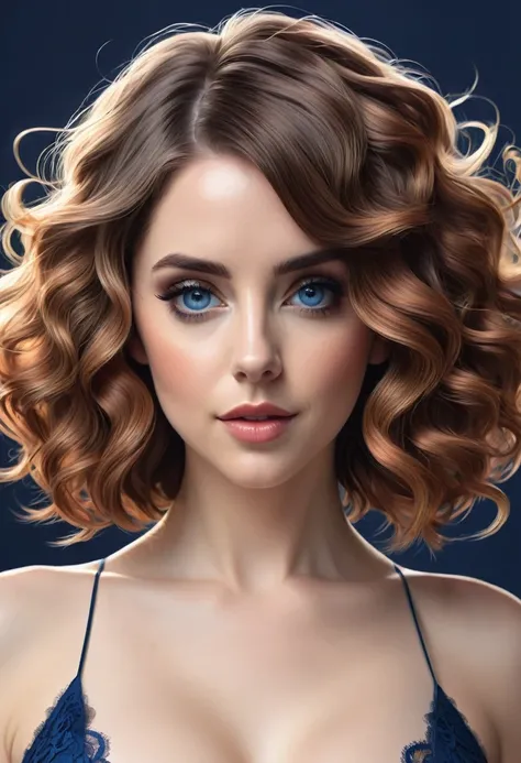 Beautiful boho women stunning merge of Alison Brie. Paige Renee Spiranac,  Scarlett Johanson. with Navy-blue-dress. blue lace. copper colored hair that is coarse, wiry, and tightly curled. It often has a rough texture, feels stiff to the touch, and may be ...