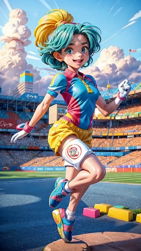 A highly detailed, colorful, and whimsical illustration of an Olympic mascot character happily jumping or dancing in front of the iconic five Olympic rings symbol, in a dynamic and vibrant composition, (best quality, 4k, 8k, highres, masterpiece:1.2), ultr...